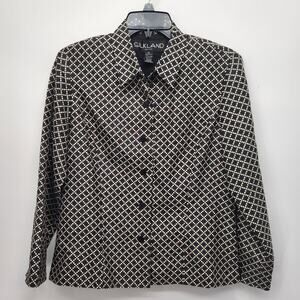 SilkLand Petites Black Cream 100% Silk Geometric Beaded Buttoned Jacket Women M